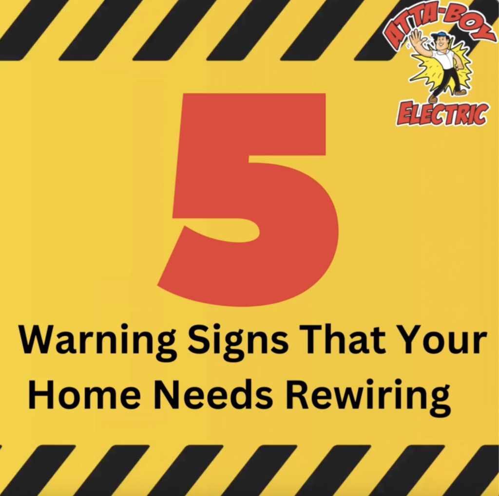 Image with caution tape that moves at the top and bottom of the image. The center says "5 Warning Signs That Your Home Needs Rewiring."